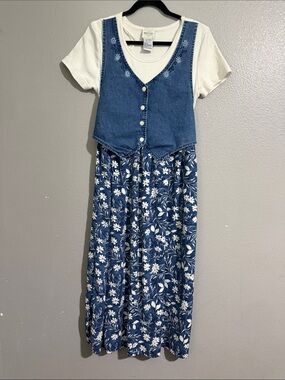 Y2K Vintage Blue Floral Midi Dress with Denim Vest  embroidered and Tee